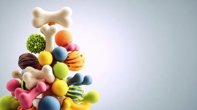 Colorful pet toys piled together against a light background