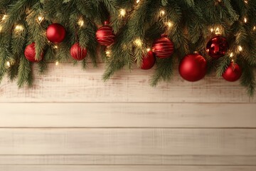 Fototapeta premium Christmas tree branches hanging over white wooden background, decorated with glowing lights and red ornaments, perfect for copy space