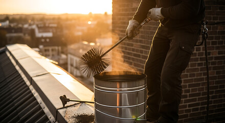 Chimney Sweep Cleaning Chimney on Rooftop at Sunset