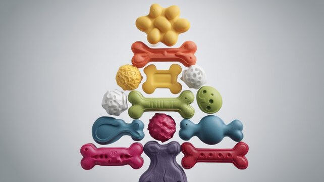 Colorful and creative pet toy arrangement forming triangle shape