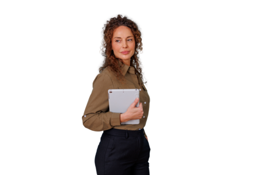 Professional businesswoman holding tablet, working with technology, standing on transparent background