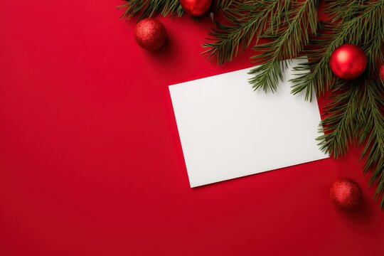 Blank card on a red background with pine branches and red baubles, providing ideal copy space for holiday greetings