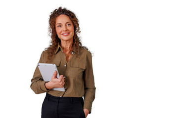 Fototapeta premium Mature businesswoman smiling, holding digital tablet with hand in pocket, looking away on transparent background