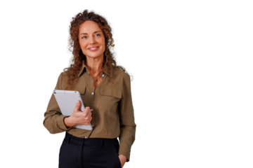 Mature businesswoman smiling, holding digital tablet with hand in pocket, looking away on transparent background