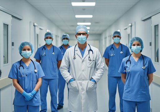 Diverse Medical Team Standing Together in Hospital Hallway Wearing Surgical Masks and Scrubs