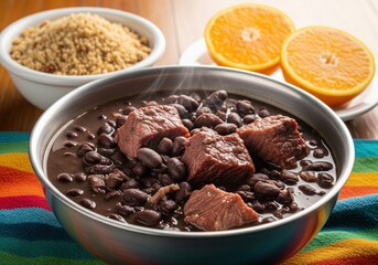 Obraz premium Delicious Brazilian Feijoada Hot Meal Served in Metal Bowl with Oranges and Farofa