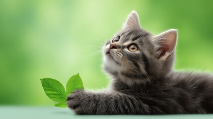 Obraz premium Adorable Gray Kitten with Leaf Against Soft Green Background in a Calm and Peaceful Nature Setting for Pet Lovers and Animal Enthusiasts