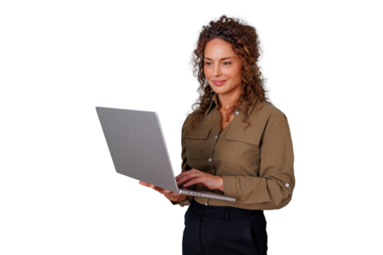 Woman standing and working on a laptop, smiling. Showing a professional using technology for online business on a transparent background