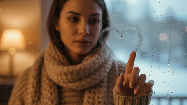 Sad woman wrapped in a sweater and scarf drawing a heart with her finger on fogged window and looking down with nostalgic expression