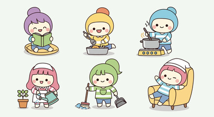Cute Cartoon Characters Doing Daily Activities