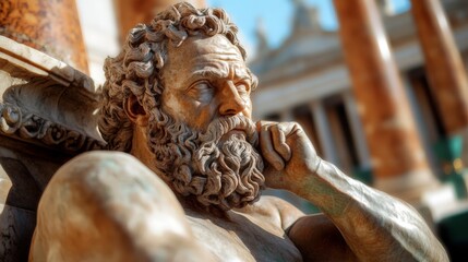 An intricate sculpture of a bearded philosopher lost in thought reflects an era of wisdom and deep contemplation, showcasing artistry and historical significance in an architectural setting.