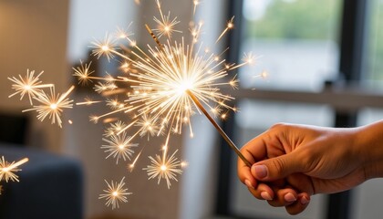 Hand holding bright sparkling sparkler indoors with glowing festive bursts creating warm celebratory atmosphere perfect for holiday party visuals