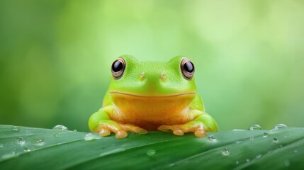 Charming Close-Up of a Green Frog with Bright Eyes Resting on a Leaf in a Lush Green Environment with Water Droplets in the Background