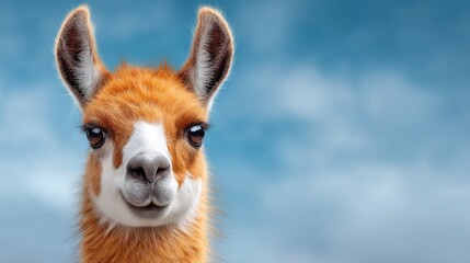Naklejka premium Adorable Close-Up of a Charming Alpaca with Fluffy Orange Fur Set Against a Bright Blue Sky and Soft Clouds, Perfect for Animal Lovers and Nature Enthusiasts