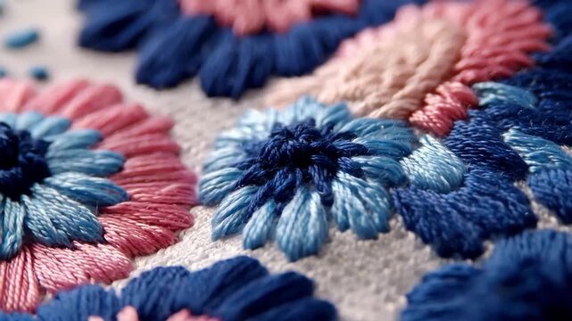 Midangle view focusing on layered 3D embroidery stitches showcasing raised patterns and intricate thread play.