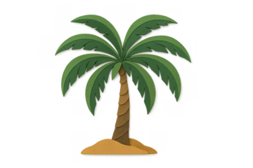 Palm tree with green fronds and a brown trunk standing on a small sandy patch, featuring a papercraft style on a transparent background