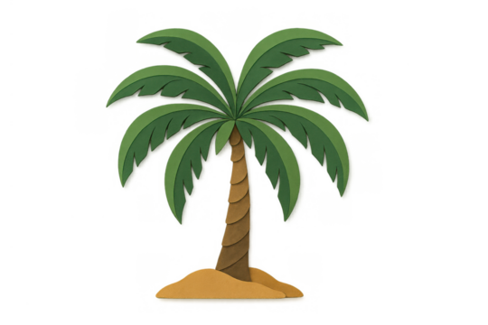 Palm tree with green fronds and a brown trunk standing on a small sandy patch, featuring a papercraft style on a transparent background