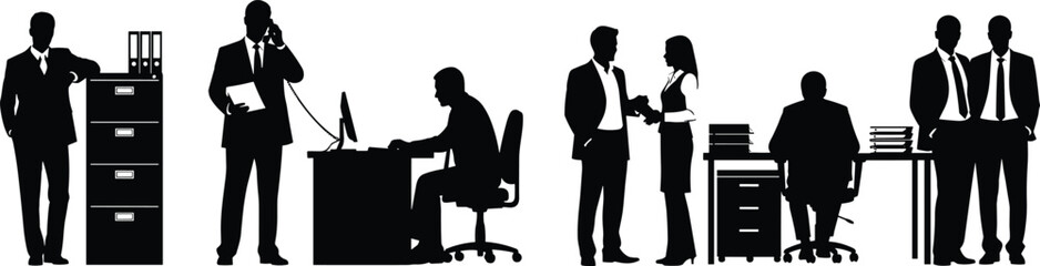 Black silhouette vector set of business people working in office, talking on phone, sitting at desk, and standing together.