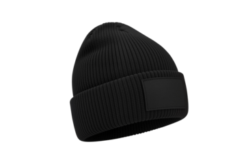 Stylish black knit beanie with a blank patch, perfect for winter fashion, isolated on transparent background, png
