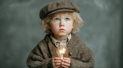 A Young Boy Holds a Glowing Lightbulb Representing an Idea or Innovation