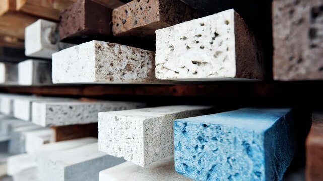 Medium shot of building materials treated with flameretardant resin emphasizing enhanced durability and lowered flammability for construction safety.