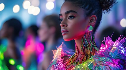 A stunning portrait showcasing a model with vibrant, illuminated accessories, set against a softly blurred background of a fashion show, highlighting bold colors and modern aesthetics.