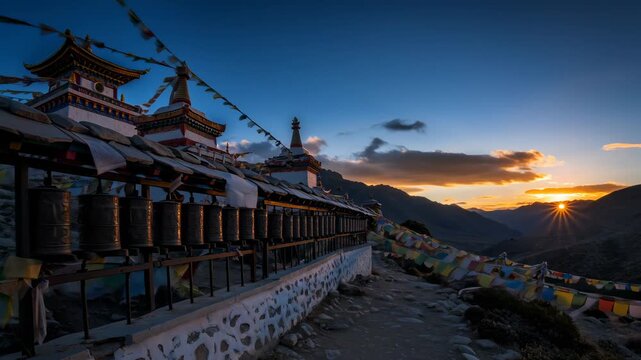 Prayer wheels at a tibetan buddhist monastery at sunset with colorful prayer flags in a mountain landscape footage