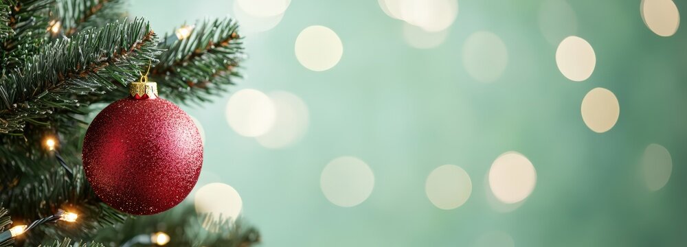 Christmas tree branch holding a sparkling red bauble and decorative lights. Festive background with soft bokeh and copy space - Powered by Adobe