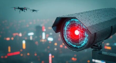 Advanced surveillance camera with glowing eye monitors city skyline at night with drones flying overhead