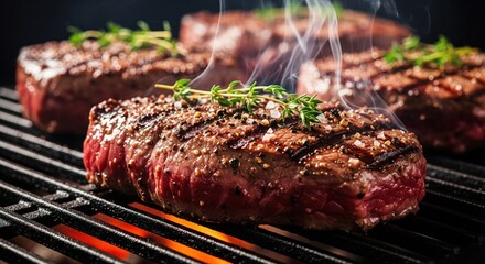 Juicy Grilled Steak Sizzling on Barbecue Grill with Steam Rising Close Up Shot