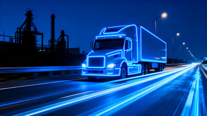 Neonlit semitruck speeding on a highway at night with industrial backdrop showcases modern transportation and logistics solutions for efficient supply chain management and delivery services