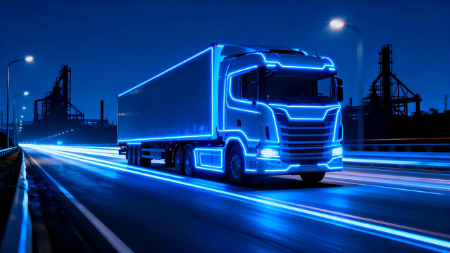 Futuristic semi truck with neon blue lights driving on a highway at night with industrial buildings in the background showcasing transportation technology and logistics innovation