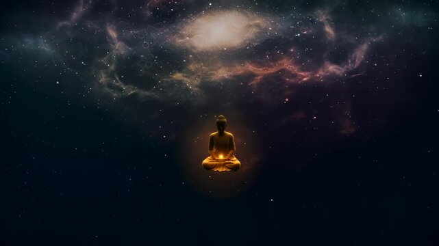 Golden buddha statue meditating with glowing light in cosmic nebula. Spiritual wisdom and enlightenment concept. Zen journey footage.