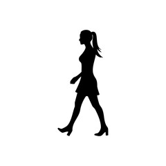 A silhouette of a woman walking with a ponytail wearing a dress and heels in a white background view
