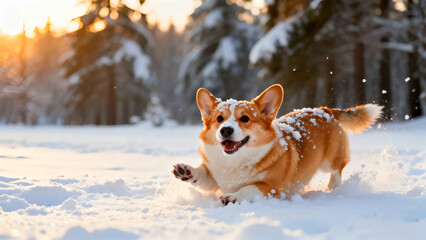 Happy corgi dog running through deep snow in a winter wonderland with snow covered trees and golden sunlight creating a cheerful and playful scene perfect for seasonal greetings and pet lovers