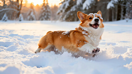 Happy corgi dog playing in the snow during winter with a bright sunny background creating a joyful and playful scene perfect for pet lovers and winter themed projects