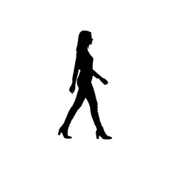 A silhouette of a woman walking with long hair wearing jeans and boots on a white background image view