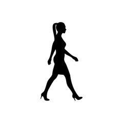 Silhouette of a woman walking in a dress and heels with a ponytail on a white background in profile view