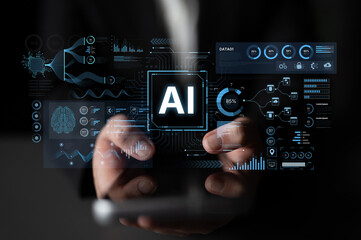 A futuristic AI dashboard for business intelligence. This platform showcases advanced data analytics, processing complex information into visual charts and graphs for strategic insights. Fermion