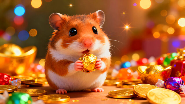 Adorable hamster celebrates lunar new year with golden coins and wrapped candies creating a festive and prosperous atmosphere perfect for holiday greetings and decorations