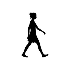 Silhouette of a young woman walking in a dress with her hair in a bun against a white background