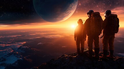 Three astronauts stand silhouetted against a vibrant alien sunset with distant planets, symbolizing exploration, adventure, and humanity's quest for knowledge in the universe beyond Earth.