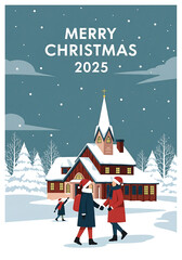Winter Wonderland Christmas Greeting Card with Church and People