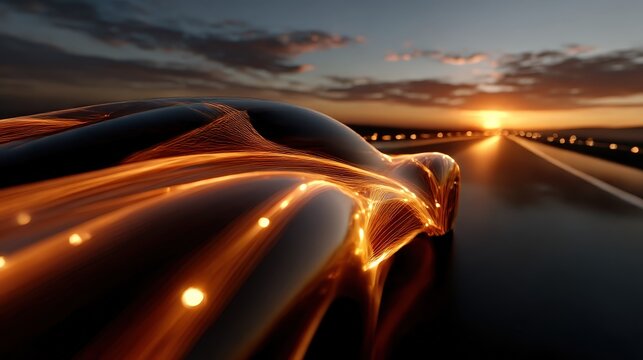 A sleek, futuristic sports car is depicted in motion, illuminated with glowing lines, set against a stunning sunset backdrop, symbolizing speed, technology, and modernity in automotive design.