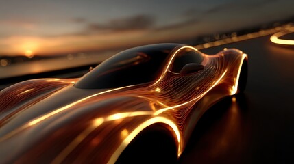 A close-up view of a modern car with luminous lines during a dusky sunset on a scenic road, evoking feelings of excitement, speed, and the thrill of the open road in automotive culture.