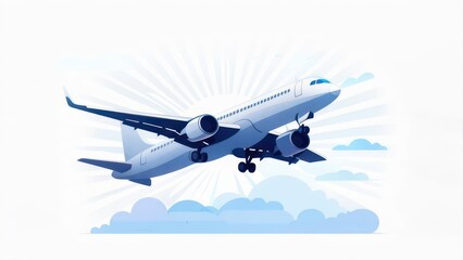 Fototapeta premium White passenger jet ascending through sun rays and fluffy clouds, cartoon style
