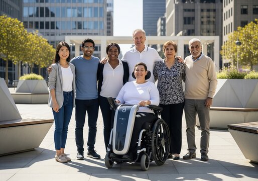 Diverse group of people standing and sitting in a wheelchair outdoors with modern buildings in background