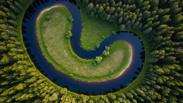 Aerial view of a winding river encircled by lush greenery creating a natural meander