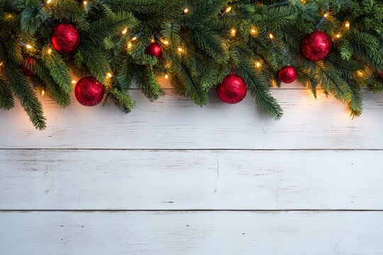 Christmas fir branch decorating an old white wooden board, featuring red ornaments and glowing fairy lights - Powered by Adobe