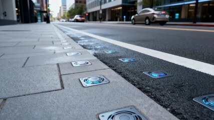 Medium shot of city street showing smart sensors embedded in pavement monitoring weather conditions for adaptive road maintenance.